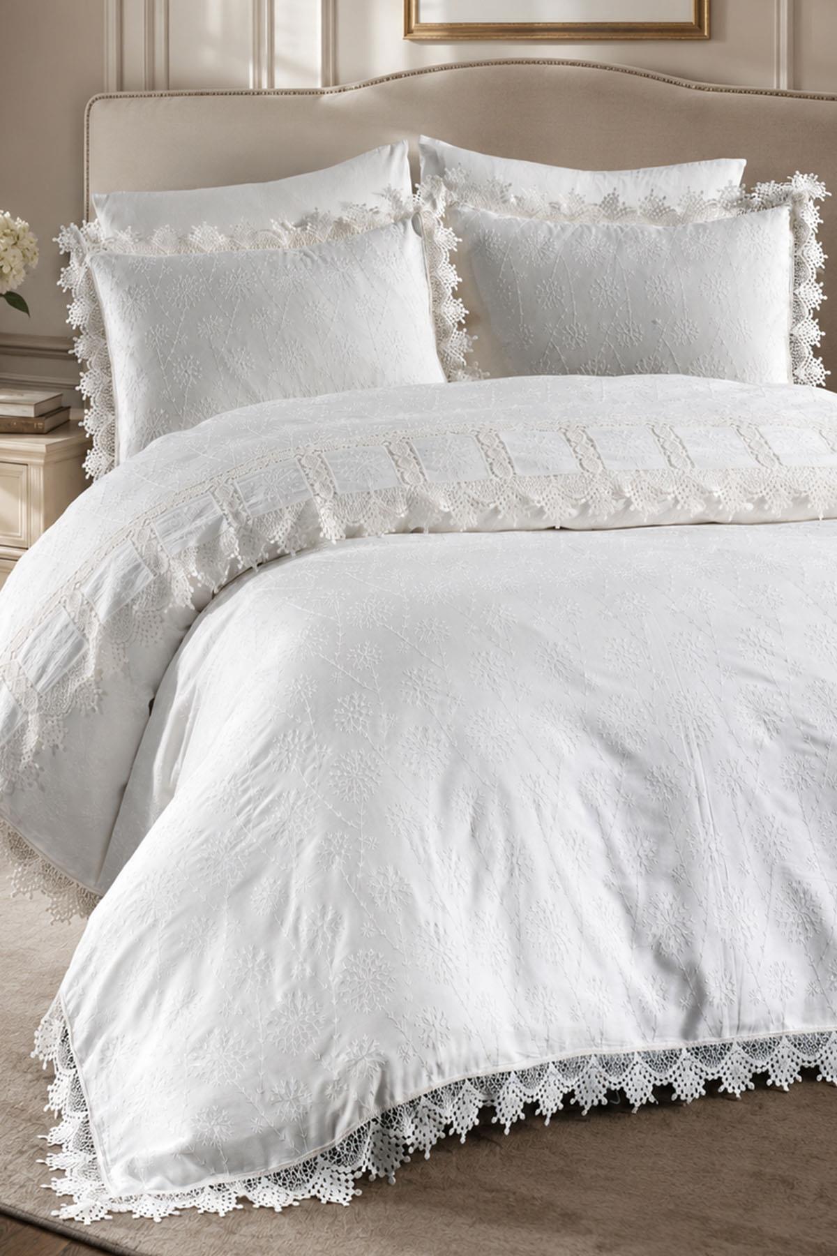 Ensemble de housse de couette 6 pièces Mirage en satin de coton bordé de dentelle, taille super king