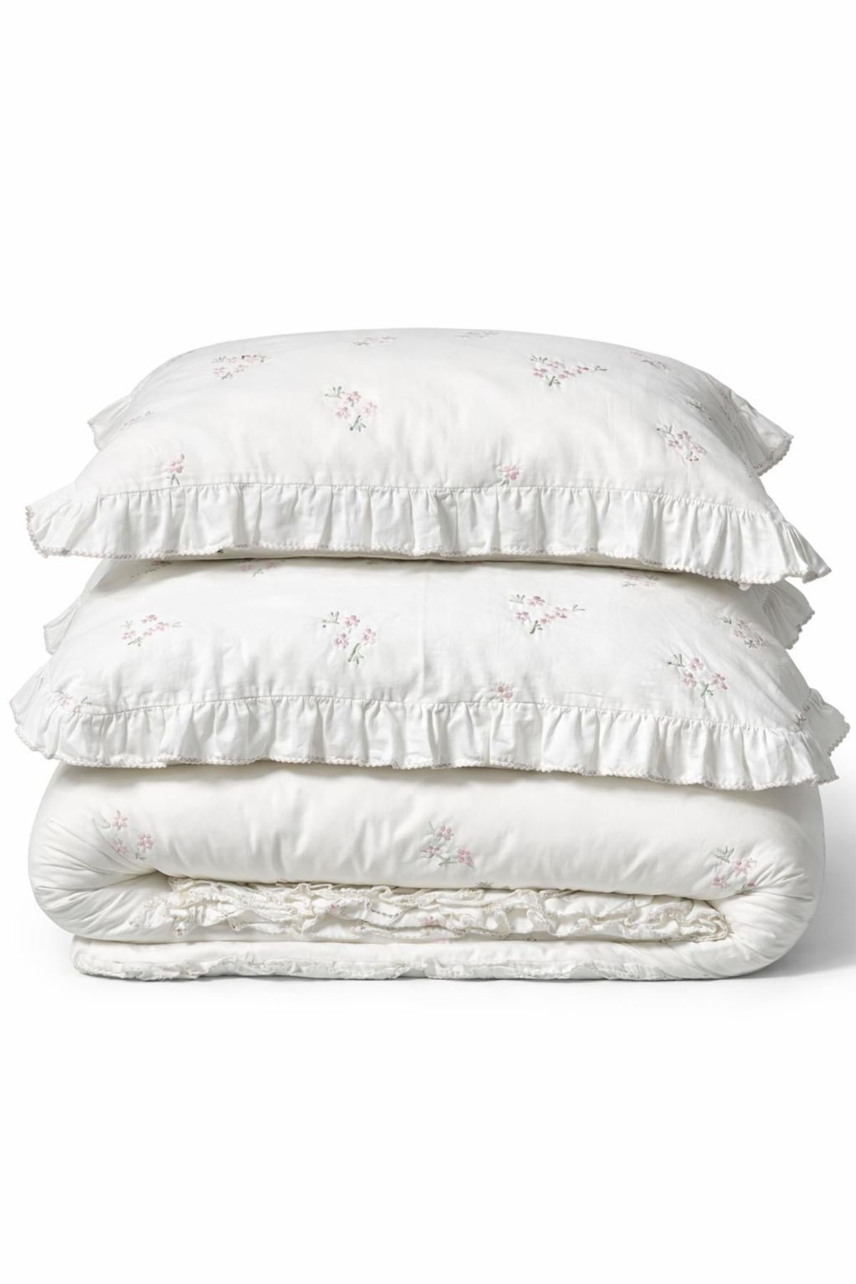 Parure de lit 6 pièces Nadia Daisy en satin de coton brodé, taille King