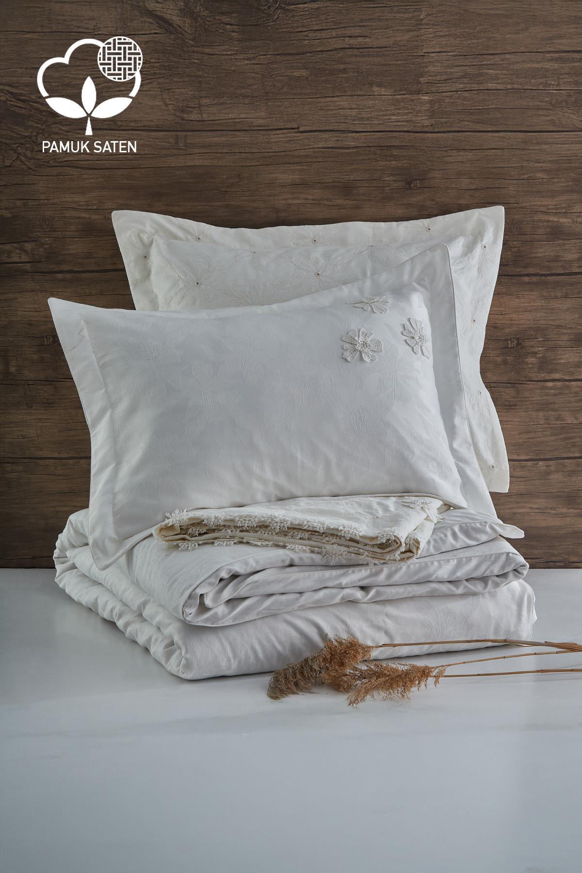 Ensemble de linge de lit 9 pièces Super King Size avec broderies de fleurs Nergiz - Nazik Home - De la valeur pour mon foyer !