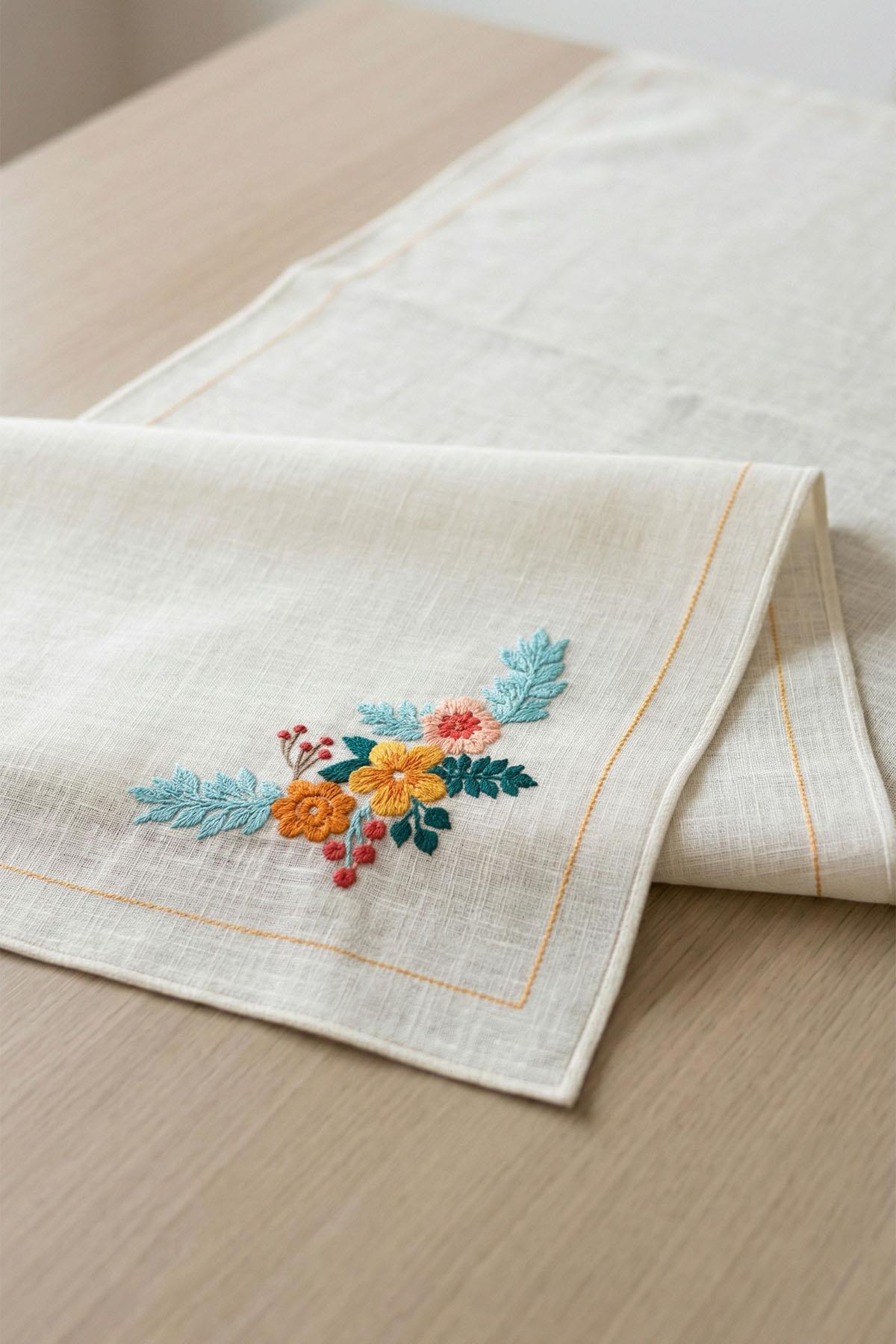 Runner de table antitache à broderies florales orange (40 x 140 cm)