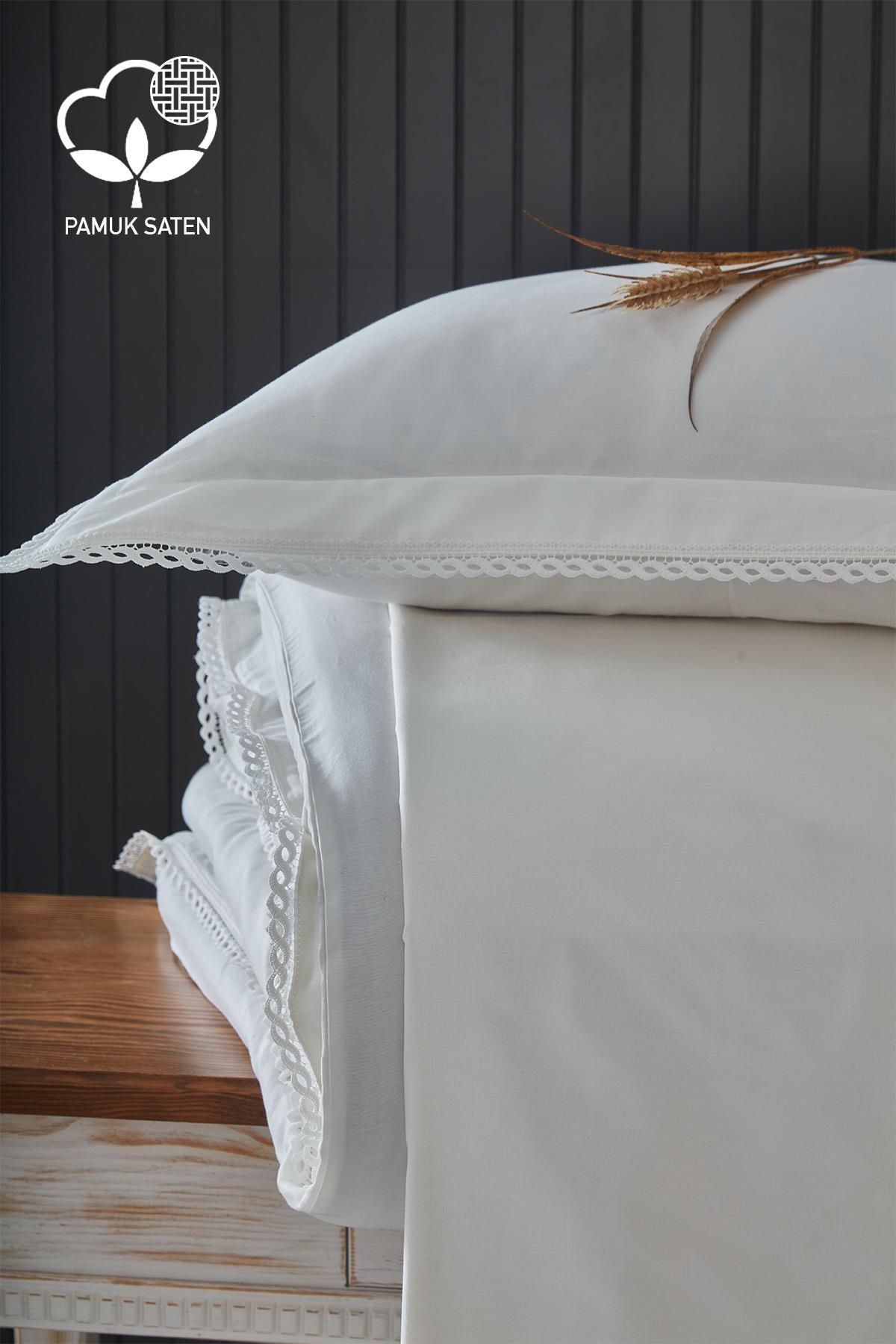 Parure de lit double 6 pièces en satin de coton à dentelle Portie - Nazik Home - De la valeur pour mon foyer !