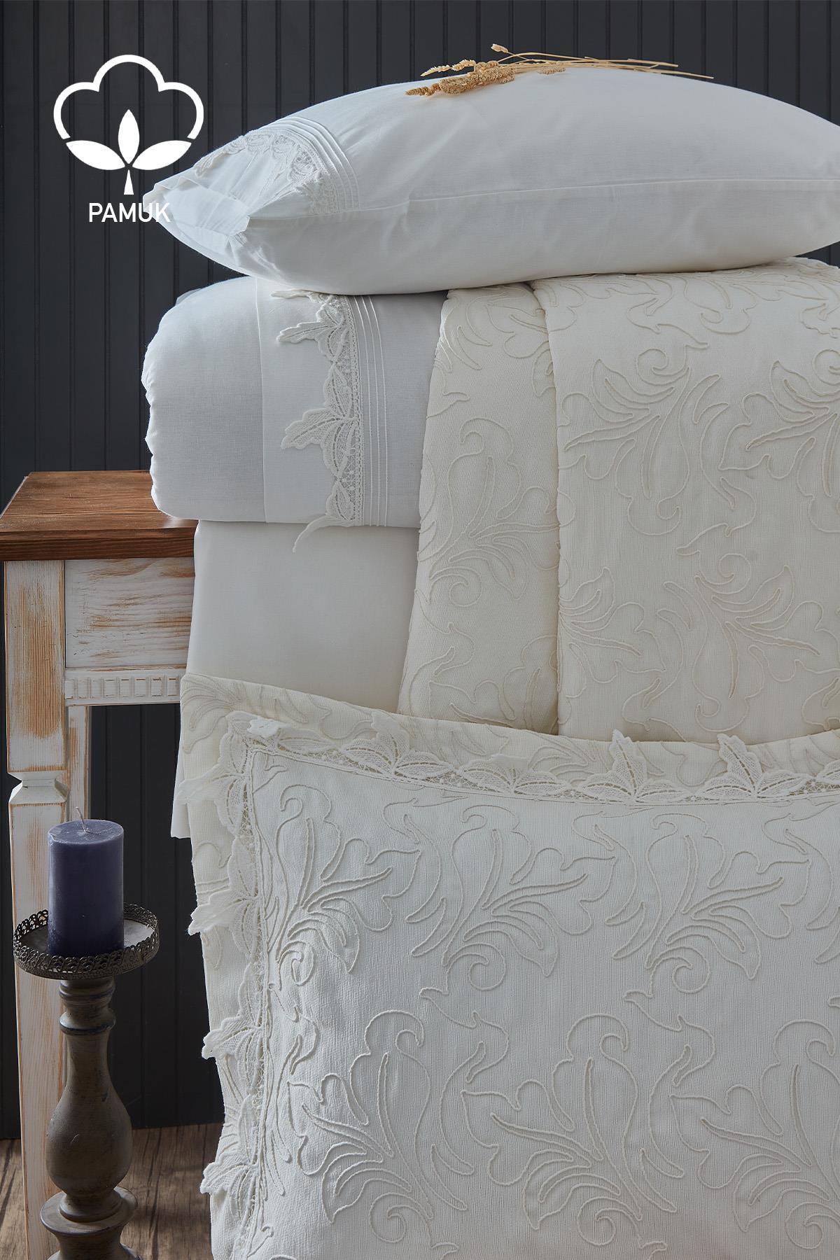 Ensemble de linge de lit 9 pièces Ribera avec broderies, comprenant housse de couette et couvre-lit pour lit double - Nazik Home - De la valeur pour mon foyer !