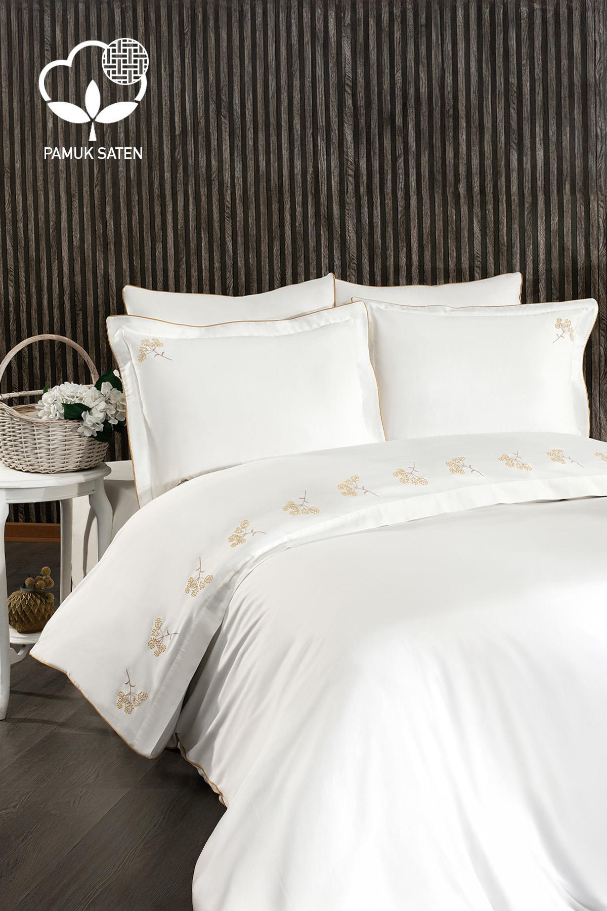 Parure de lit 6 pièces Sementa en satin de coton à broderies florales, format Super King Size - Nazik Home - De la valeur pour mon foyer !