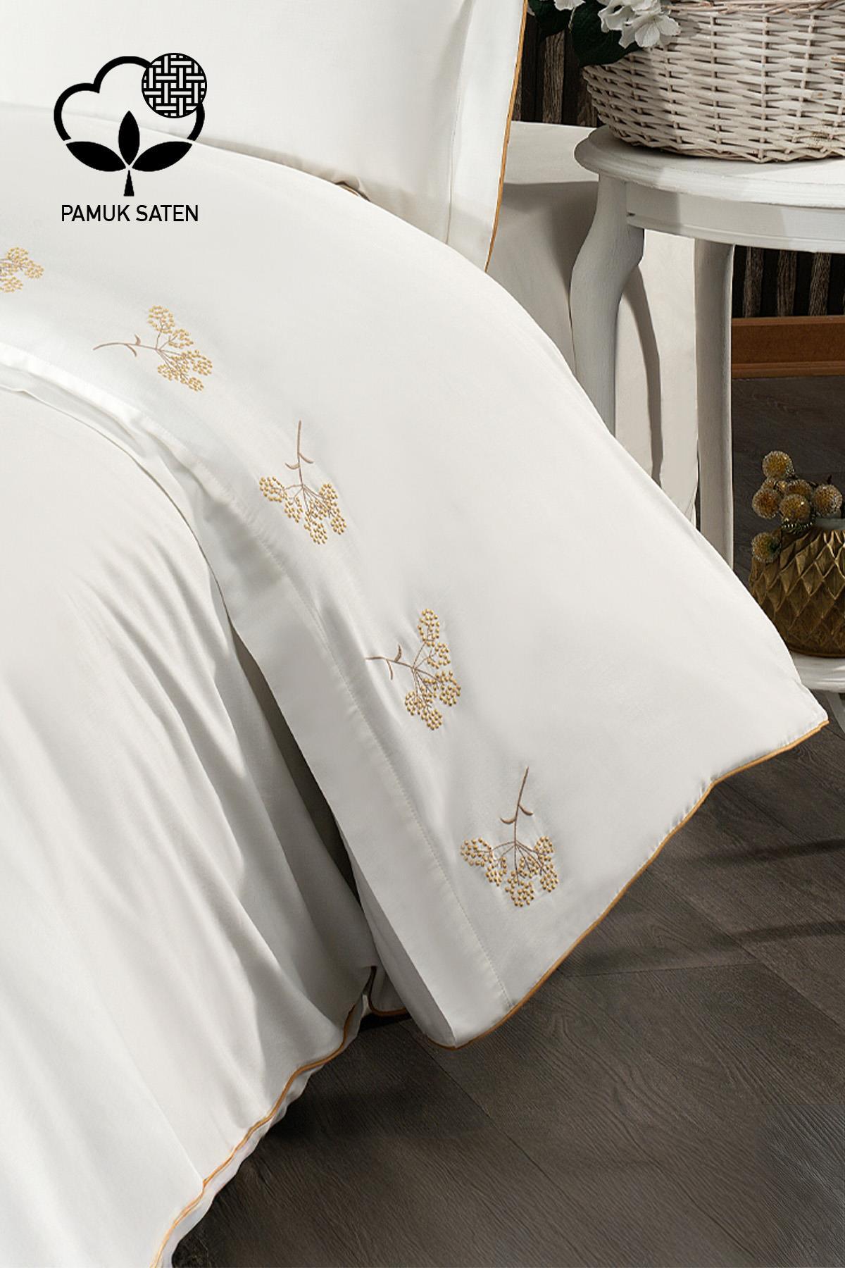 Parure de lit 6 pièces Sementa en satin de coton à broderies florales, format Super King Size - Nazik Home - De la valeur pour mon foyer !
