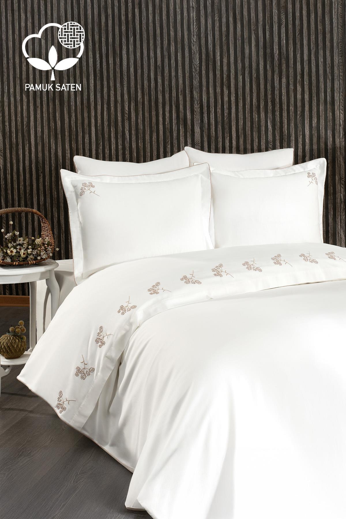Parure de lit 6 pièces Sementa en satin de coton à broderies florales, format Super King Size - Nazik Home - De la valeur pour mon foyer !