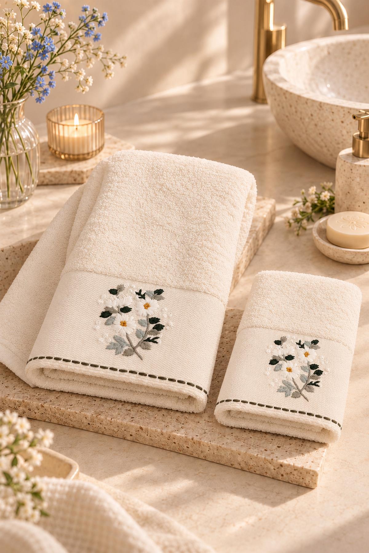 Serviette de toilette brodée à motifs floraux Sueno (50 x 90 cm)