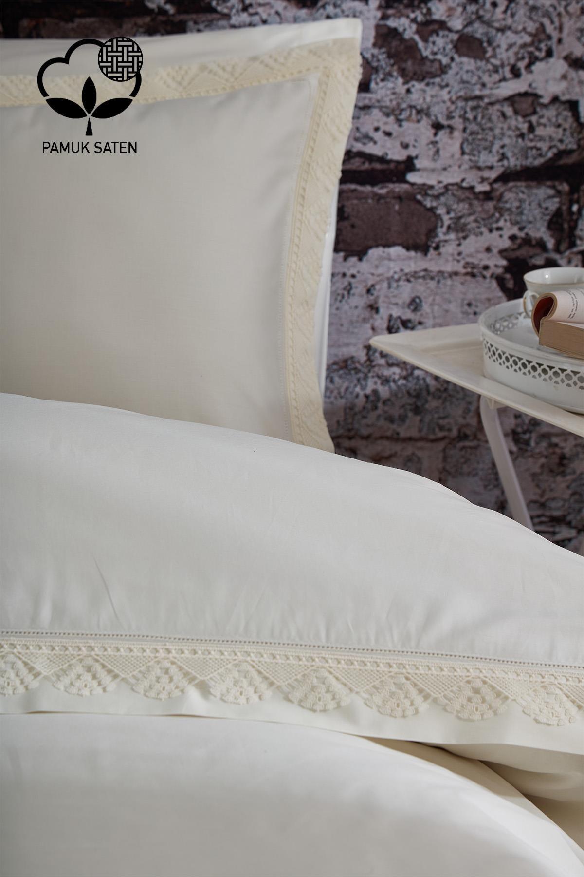 Parure de lit 6 pièces en satin de coton 300 fils avec dentelle, format Super King - Nazik Home - De la valeur pour mon foyer !