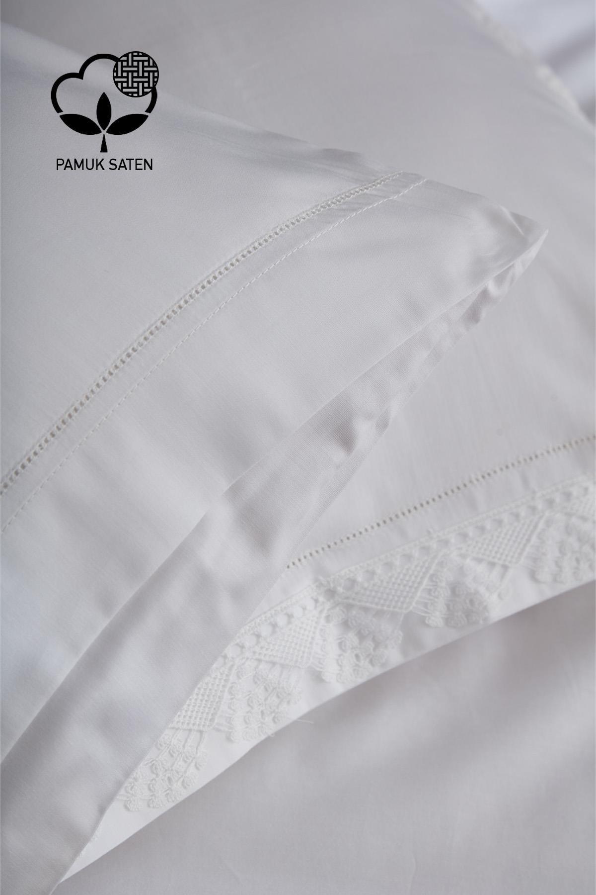 Parure de lit 6 pièces en satin de coton 300 fils avec dentelle, format Super King - Nazik Home - De la valeur pour mon foyer !