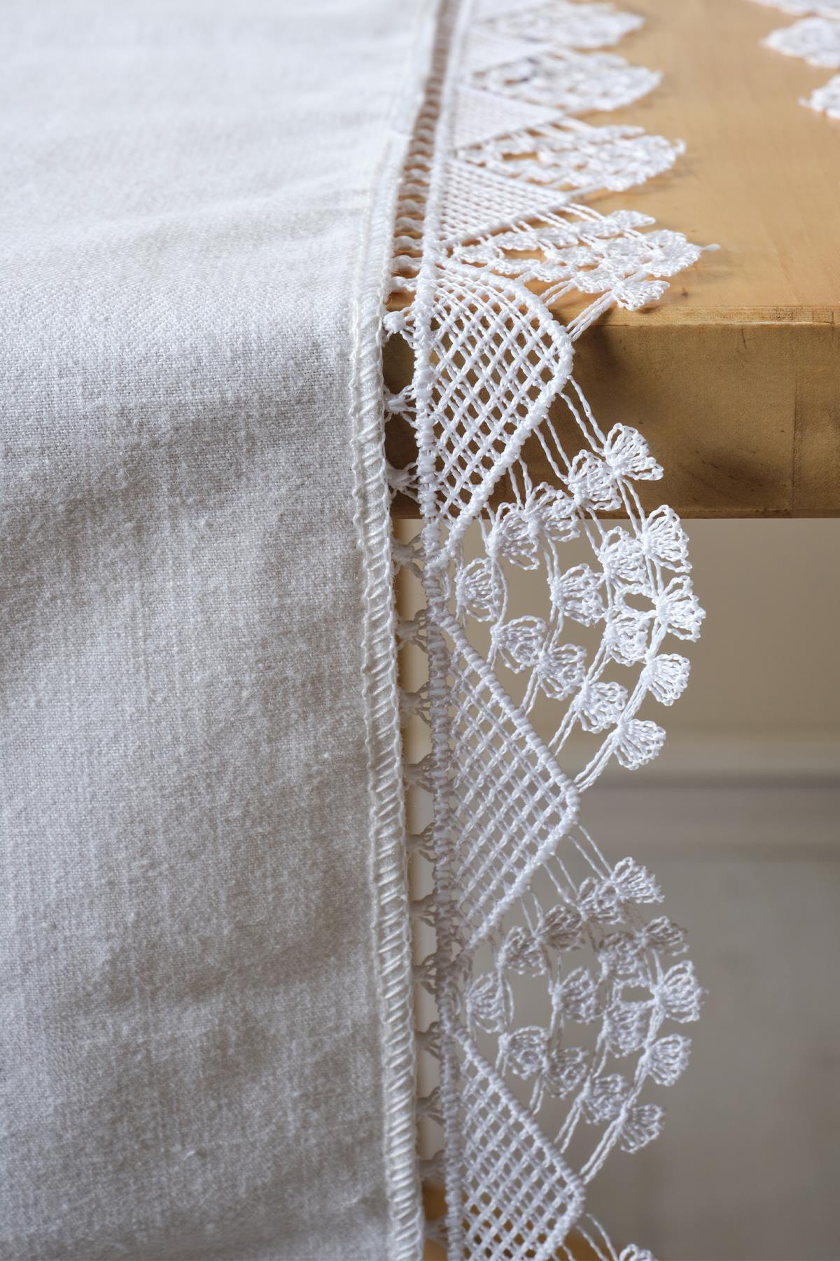Chemin de table en dentelle blanche sur une table, détail de nappe élégant et décoratif